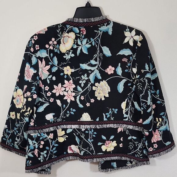 LOFT Black Floral Blazer With Embroidery and Fringe Trim Size 10 - Picture 5 of 10
